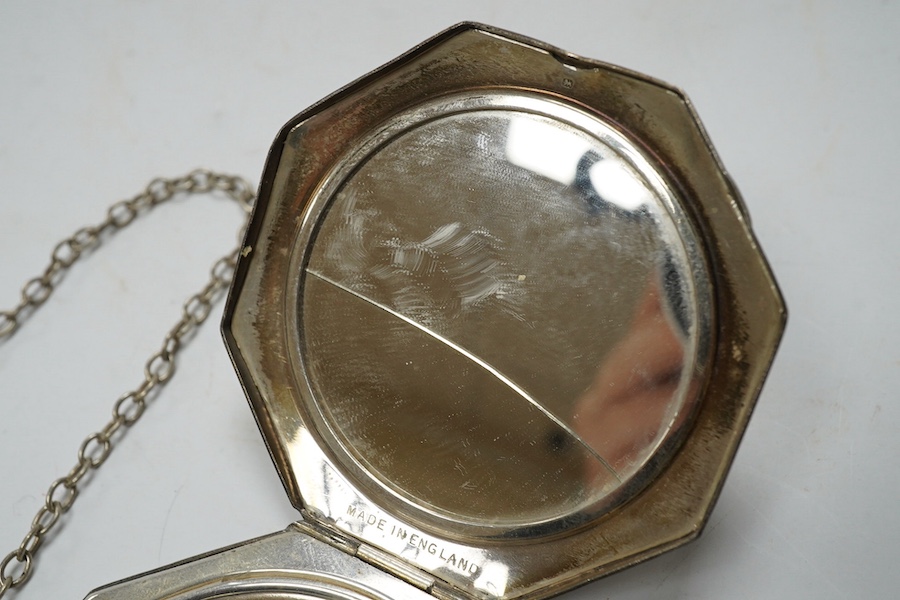 Assorted small silver items including two vesta cases, caddy spoons, mustard ladles, enamelled pill box, wine labels etc. Condition - poor to fair to good